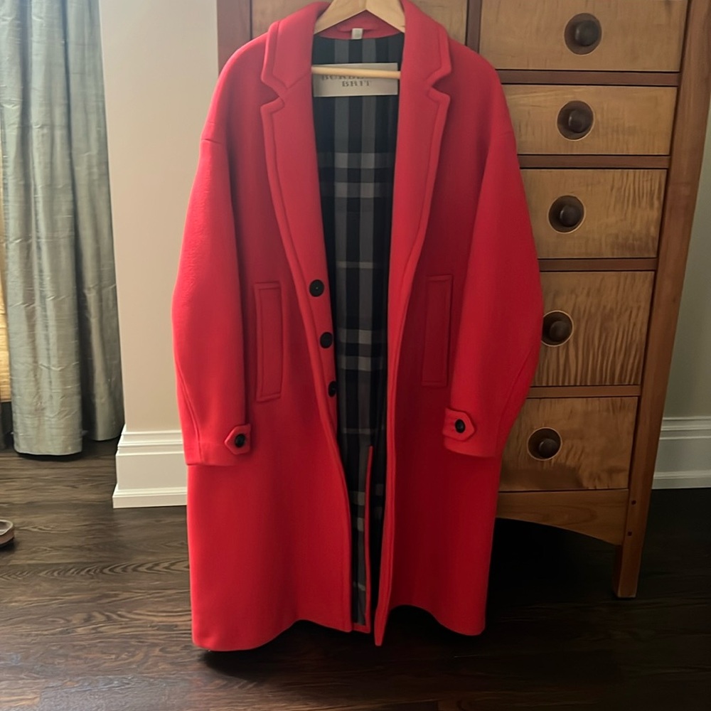 Burberry Bright Red Wool Trench Coat with Signature Check Lining